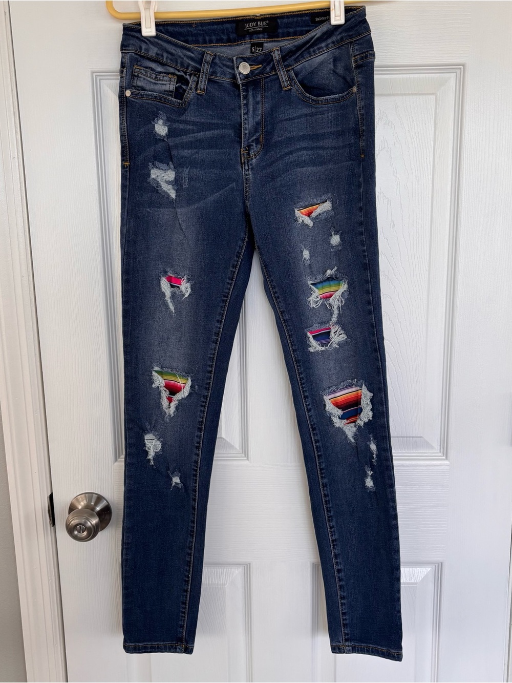 Judy Blue Dark Indigo Ripped Skinny Jeans with Colorful Patch Accents